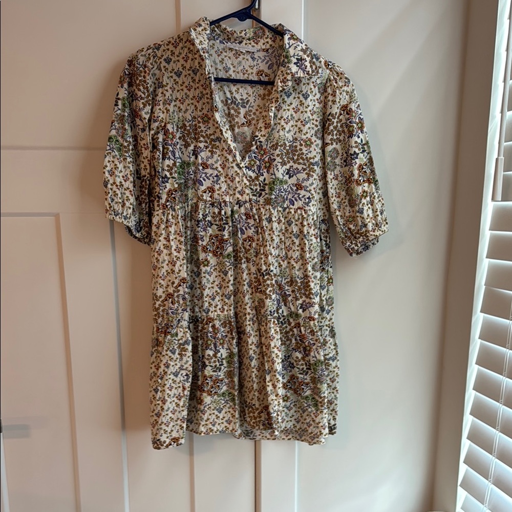 Olivaceous Brown and Tan Mini Dress with Notched Collar and Short Sleeves